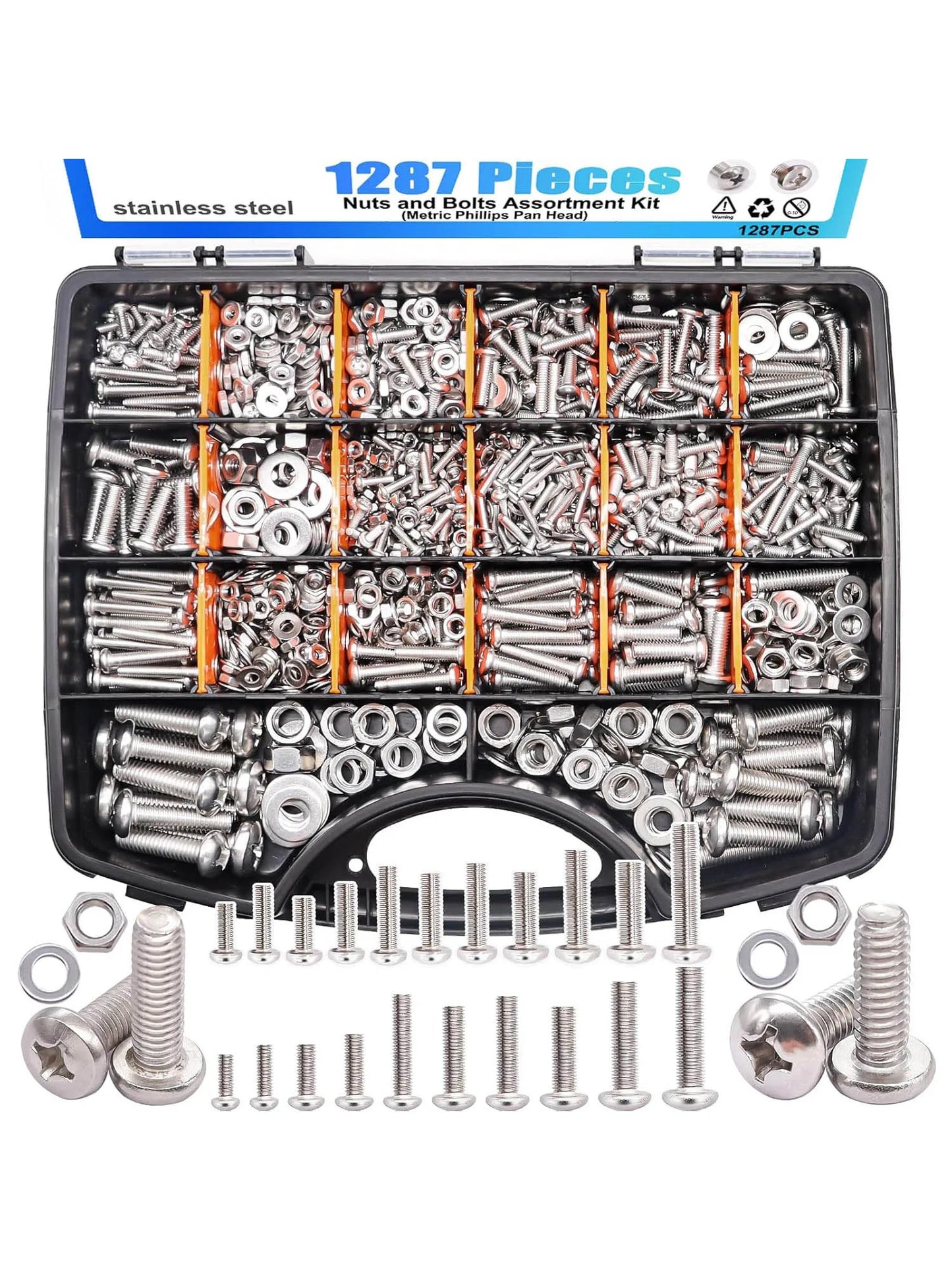 1287Pcs Nuts and Bolts Assortment Kit, Stainless Steel Bolts Machine Screws Hardware Assortment Kit, Metric Phillips Pan Head Sc