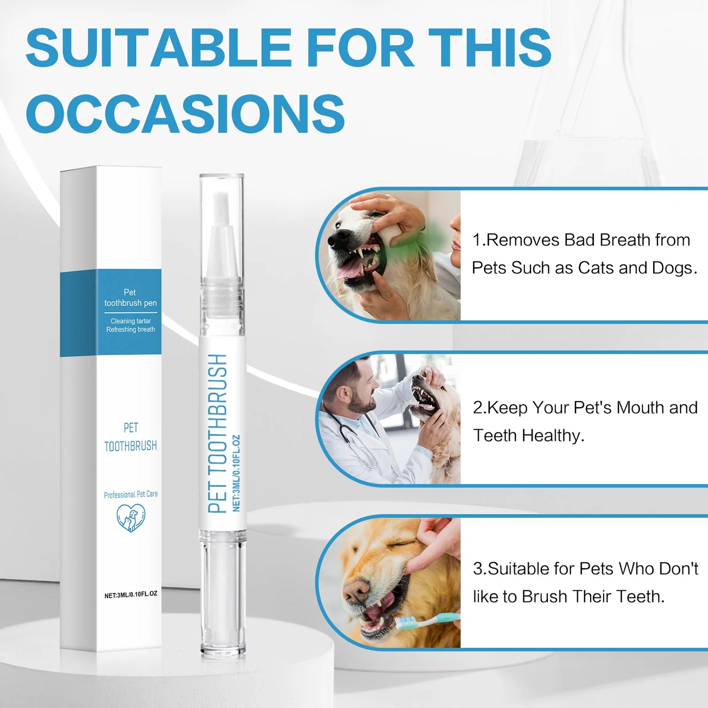 Pet Toothbrush Pen 3ml - Teeth Cleaning for Dogs & Cats, Reduce Bad Breath, Remove Tartar with Peppermint & Xylitol, Easy Use