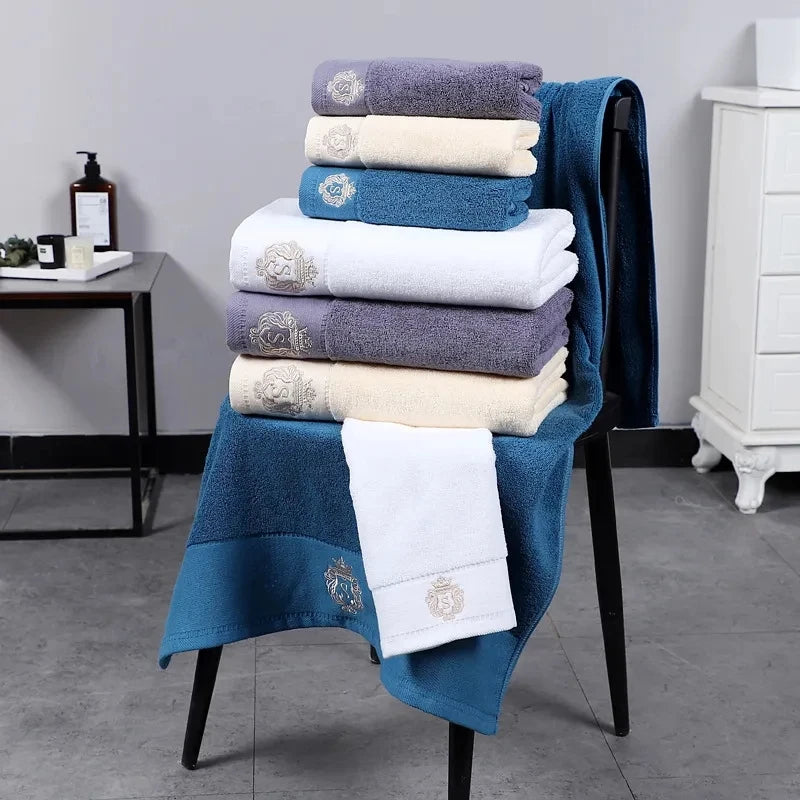 Inyahome Set of 3 Bathroom Cotton Towels Set Embroidered Luxury 2 Hand Towels 35x75cm and Big Bath Towels 70x140cm Washcloth