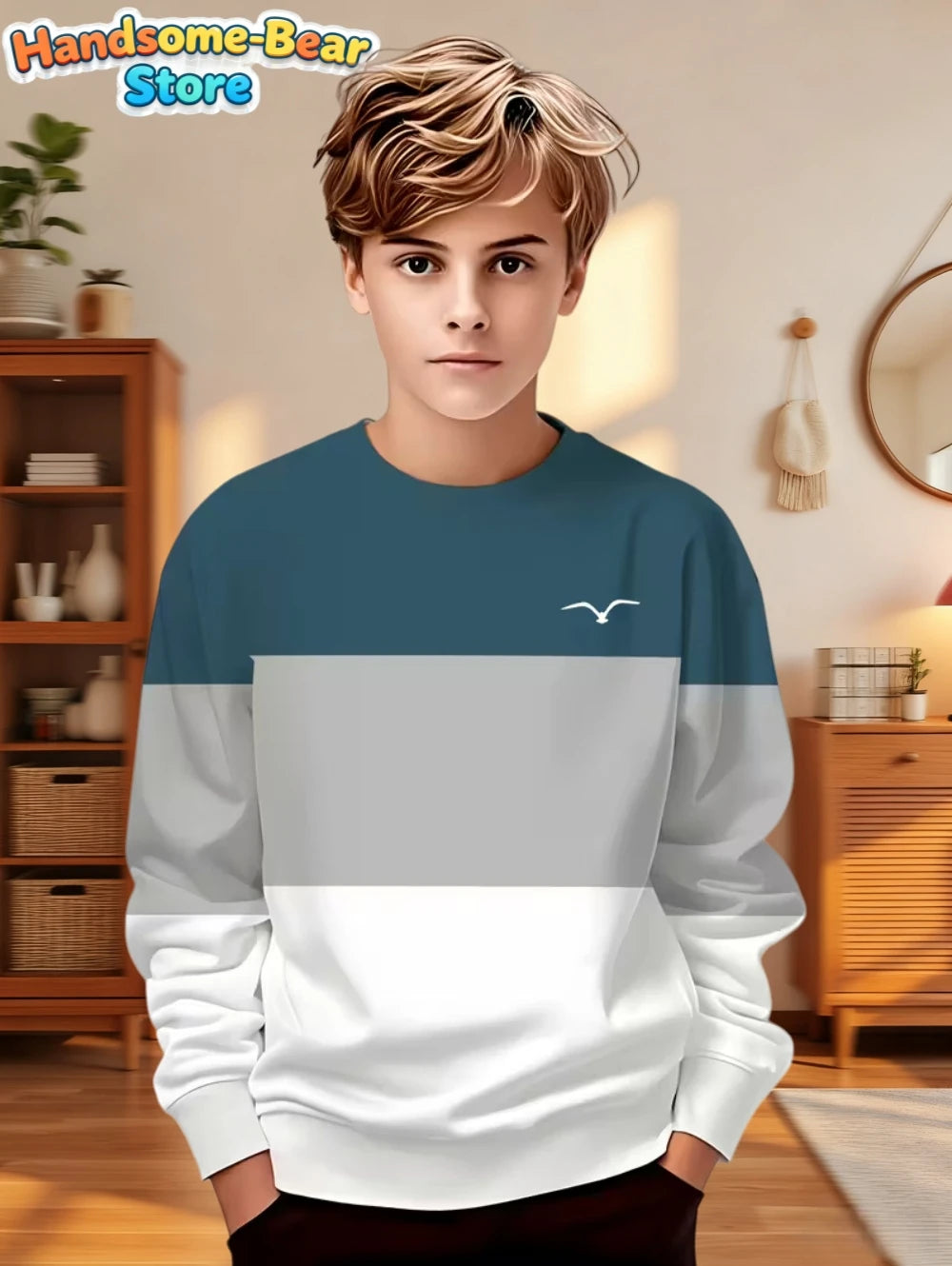 Autumn Classic Boys Sweatshirt Outdoor Round Neck Long Sleeves Top Stripe 3D Print Loose Hoodies Streetwear Children's Clothing