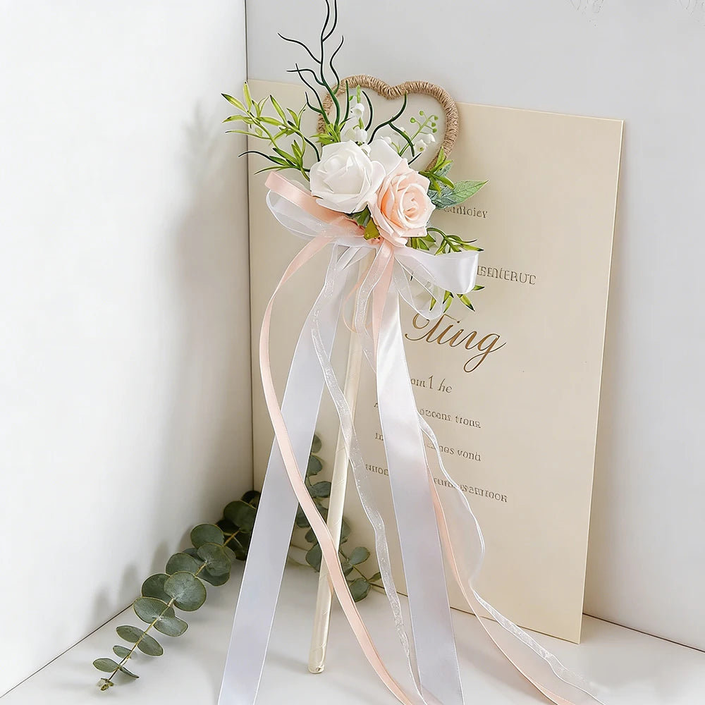 Wedding Flower Girl Wand, Floral Girl Wand Fairy Wand with Ribbon Flower for Wedding, Bridal Shower and Engagement Photo Shoot ﻿