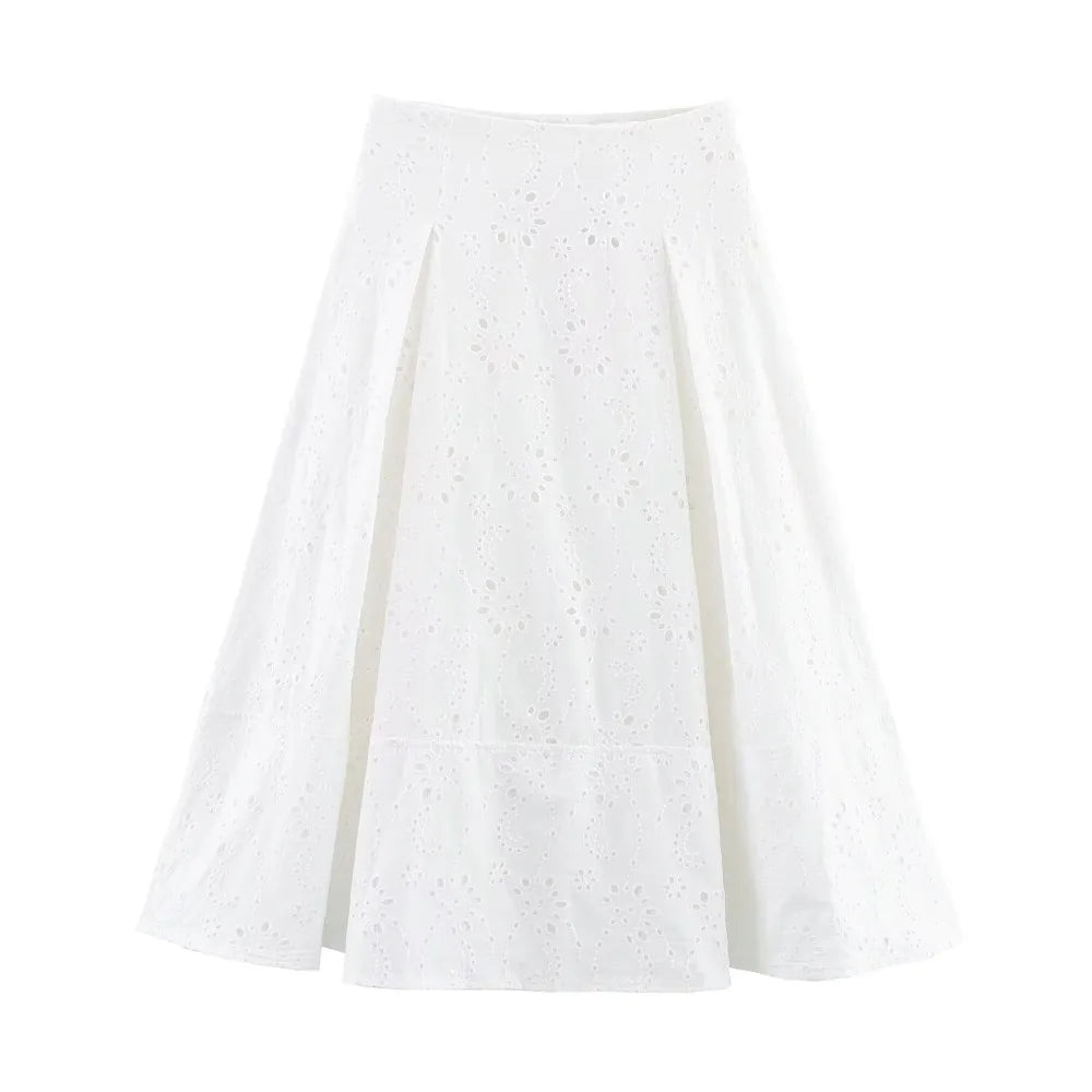 Women Summer Vacation Co Ord Outfits Elegant White Embroidered 2 Piece Set Cropped Top with Thin Straps Matching Cape Midi Skirt