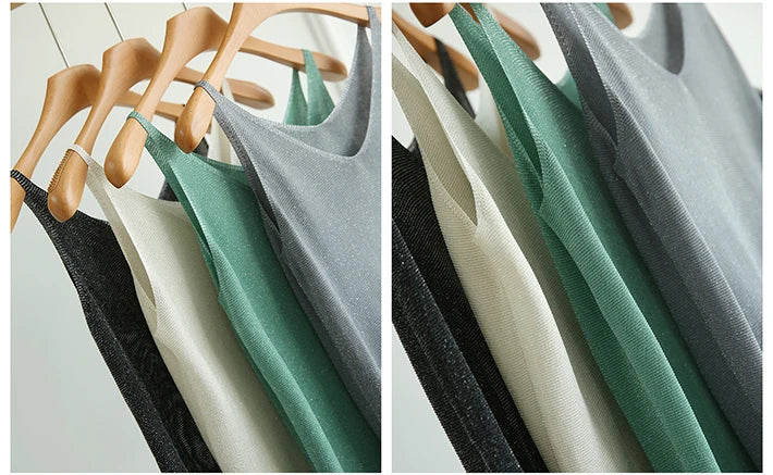 Summer Tank Tops Women Sleeveless Camis Vest Female Knitted Bright Silk Sexy Off Shoulder Solid V-neck Crop Top