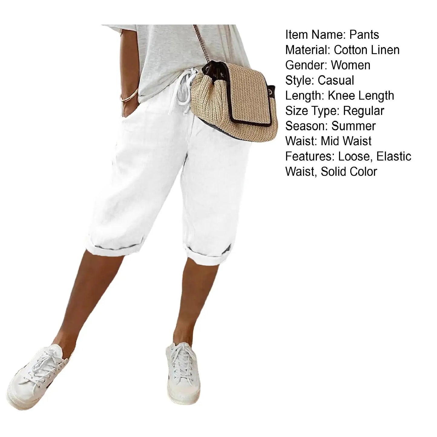 Spring Summer Women's Cotton Linen Trousers Pants Solid Elastic Waist Oversized Pants Women Straight White Homewear Trousers 3XL