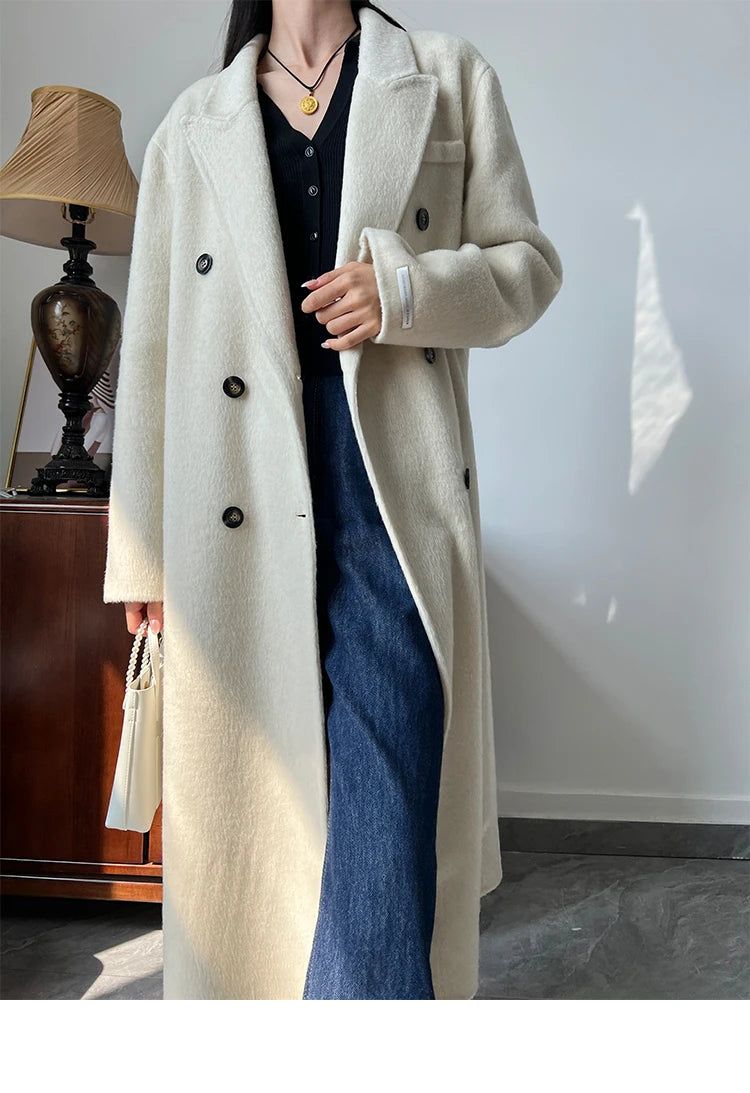 Office Lady Woolen Jackets 2024 Autumn And Winter Suit Collar Double Breasted Warmer Yak Hair Loose Long Women's Wool Coats