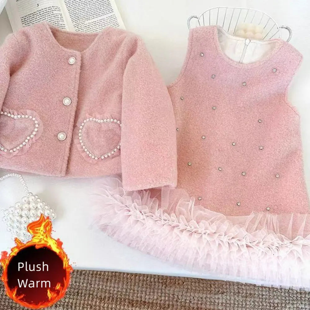 Girls' Korean Children's Clothing Woolen Suit 2025 Winter New Style Western-style High-end Children's Coat Vest Two-piece Set
