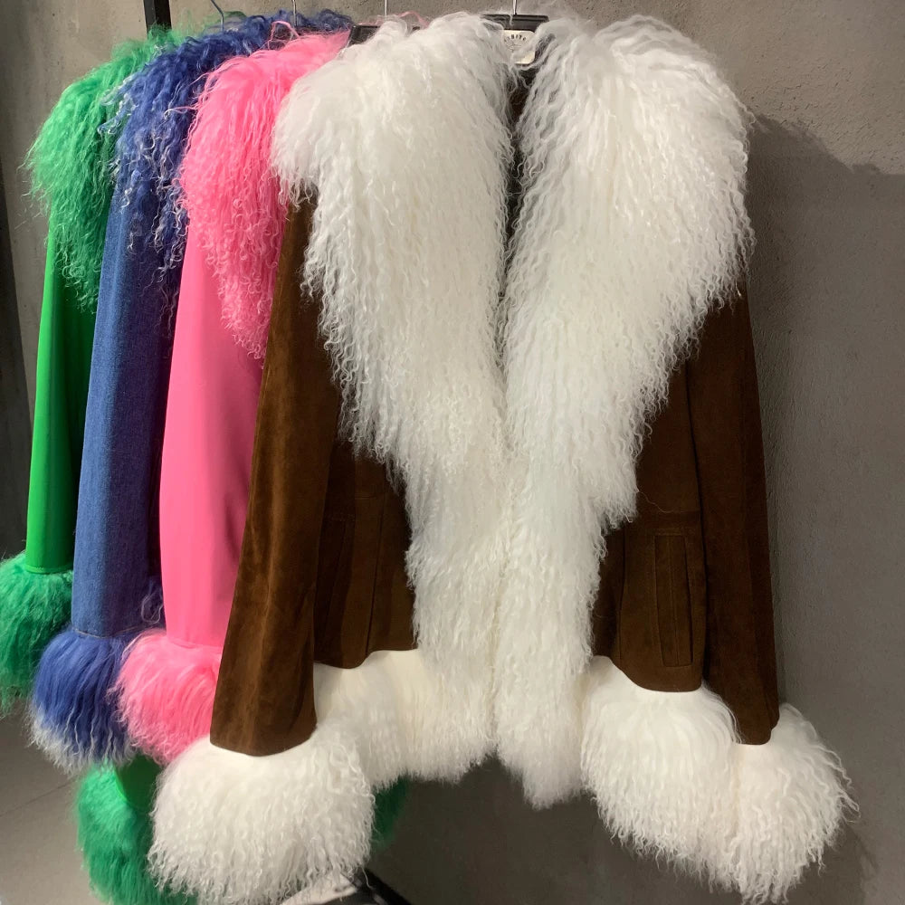 Sheep Collar Coats Women Winter Luxury Mongolian Fur Leather Jackets with Long Sleeve 7251