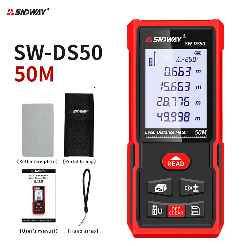 SNDWAY Laser Distance Meter 50m 70m 100m 120m Rangefinder Digital Range Finder Trena Roulette Ruler Distance Measuring Tape