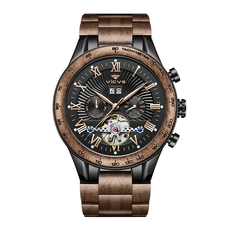 VICVS Walnut Men's Mechanical Watch for Him, Wooden Watches, Best Man Watches, Boyfriend Gifts, Dad Gifts Mechanical Watches