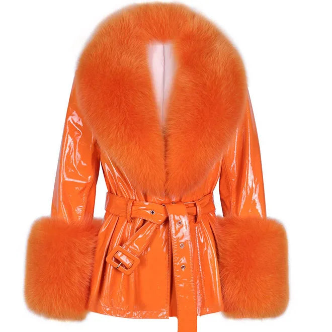 YOLOAgain Real Fox Fur Collar Genuine Leather Jacket Women
