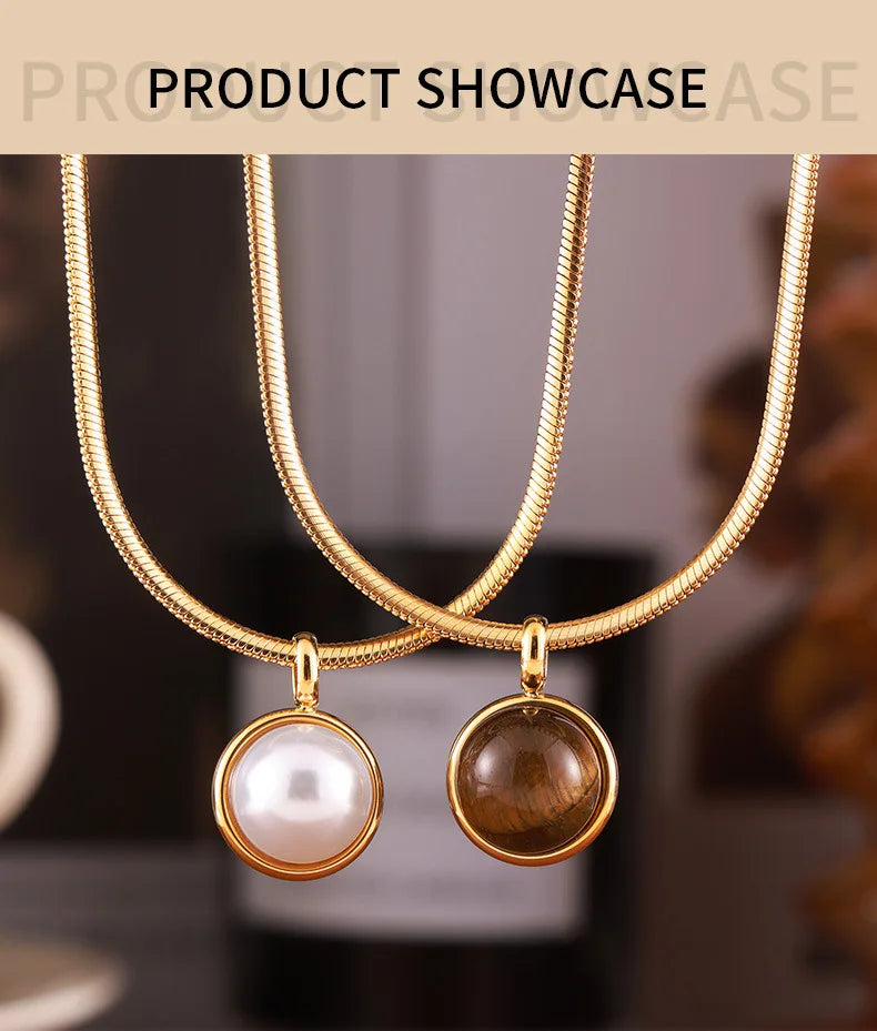Women's Necklace with Retro Style Pearl Natural Stone Pendant Titanium Steel Lock Chain Fashionable Jewelry Accessories