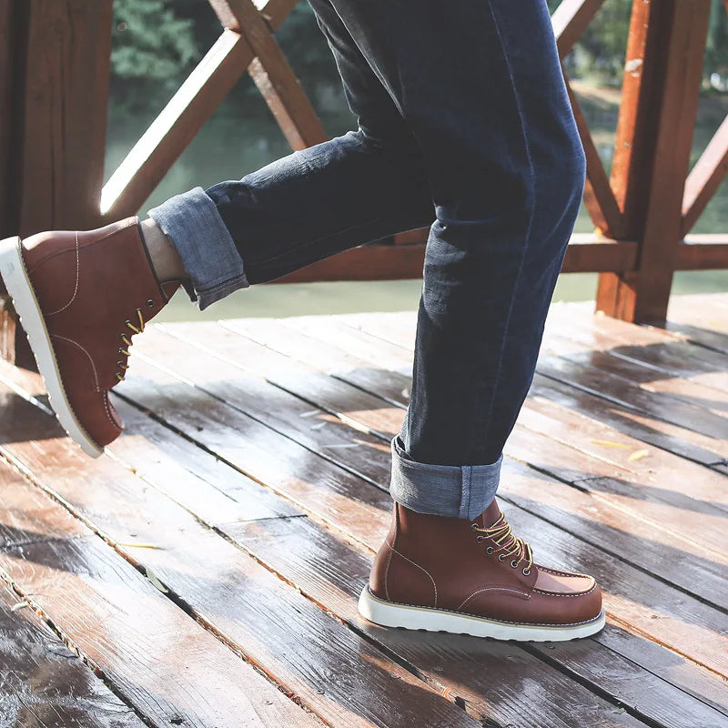 Genuine Leather Men's Boots Vintage Tooling Boots Man Short Boot Rhubarb Boots Men's High Top Men's Shoes Leather