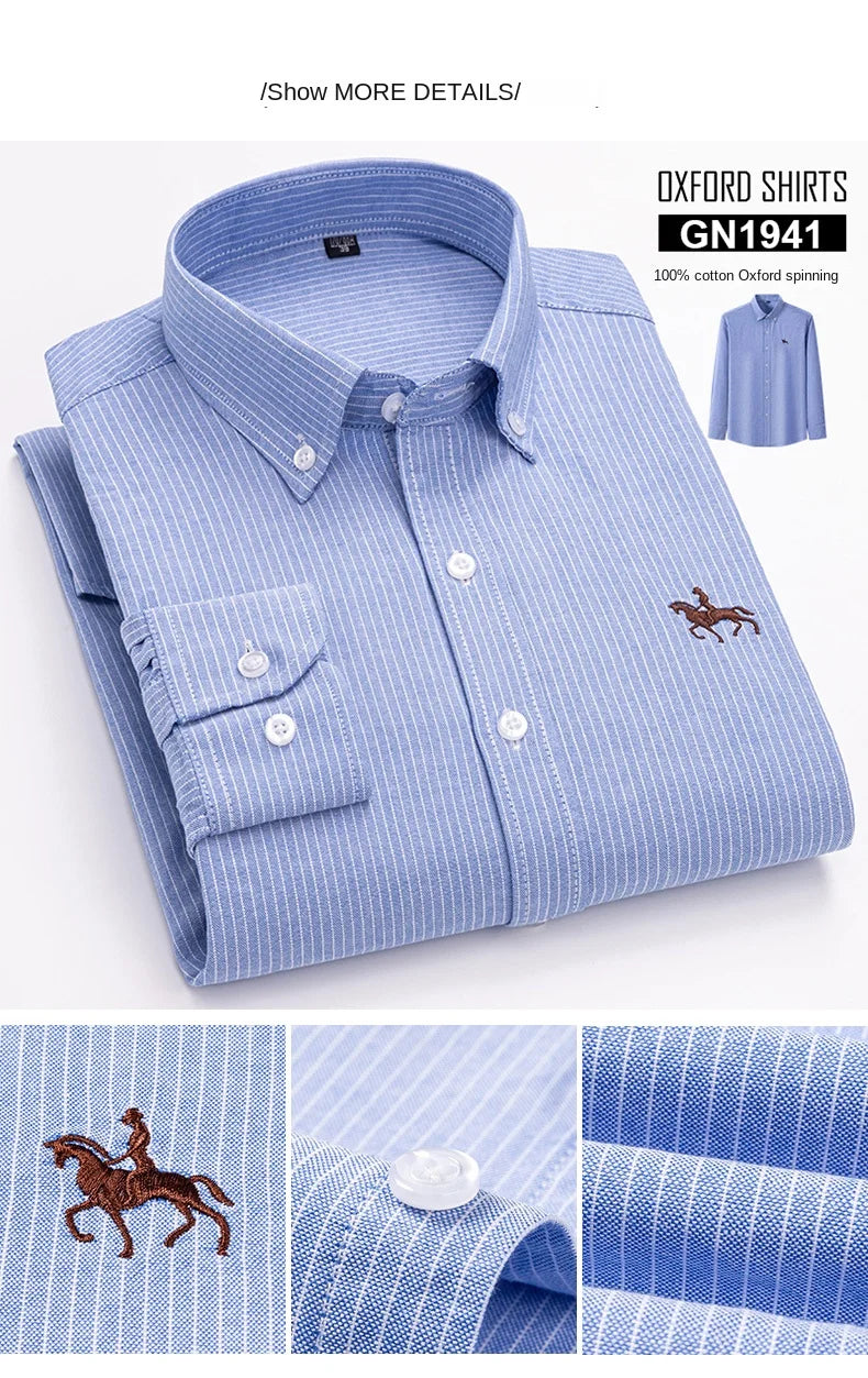 2023 100% Cotton Oxford Man Leisure Embroidered Horse Shirts Streetwear Oversized  Men Shirt Floral Long Sleeve Casual Plus Size