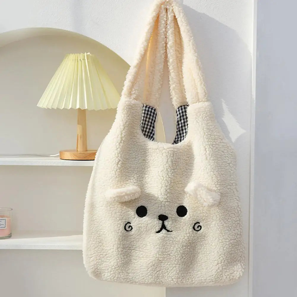 School Bag Cartoon Embroidery New Winter Soft Plush Tote Bag Shopper Bag Shoulder Bag For Women Cute N8Y7
