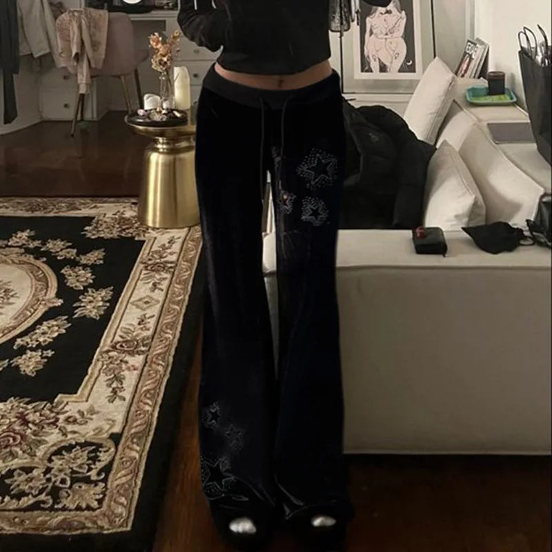 AltGoth Y2k Streetwear Gothic Velvet Pants Women Dark Cyber Punk Harajuku Grunge Pentagram Printed Low Waist Stright Pants Femme
