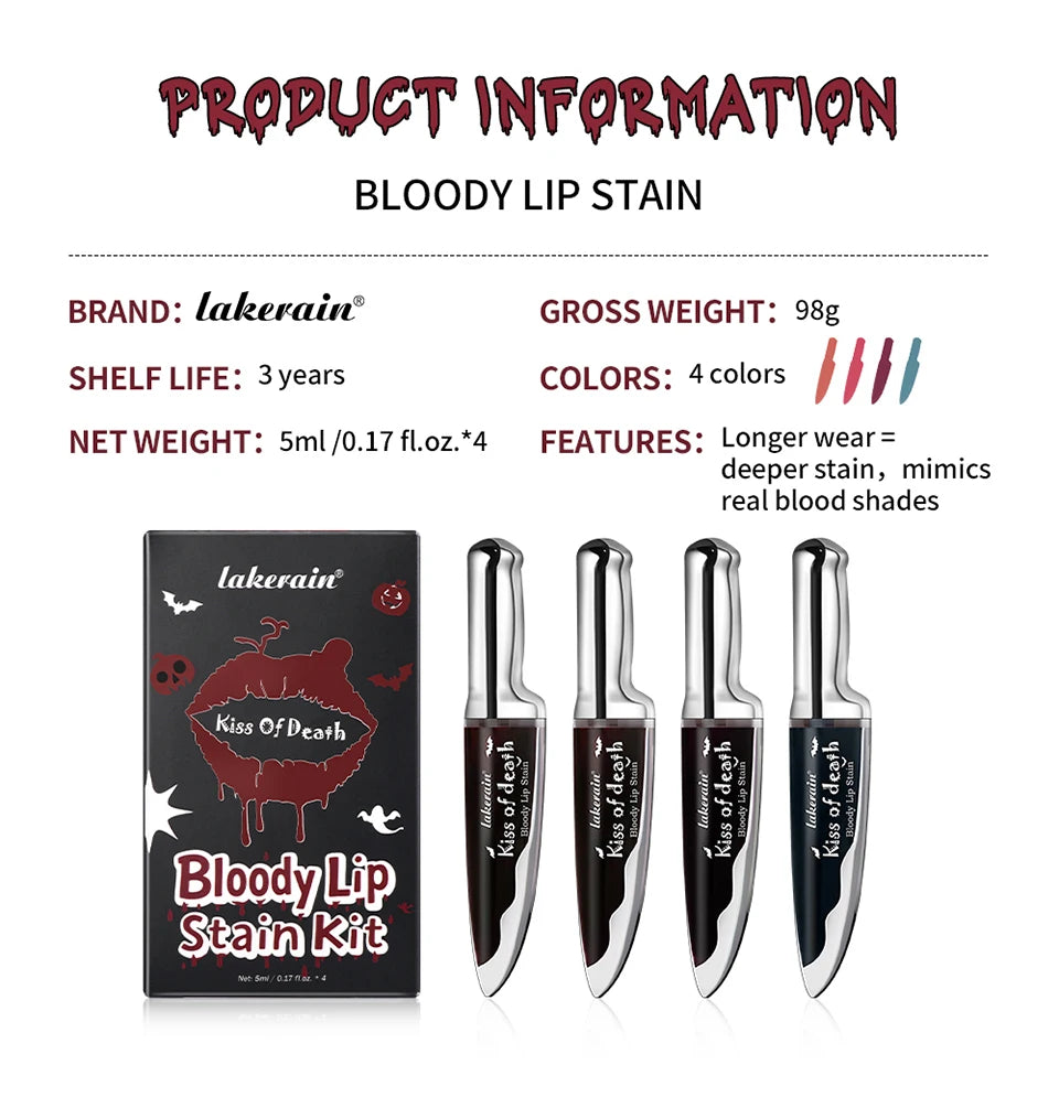 Lakerain 4pcs Kiss of Death Lip Stain Kit  Blood-stained Lip Look Long Water Proof Matte  DEVILS KISS WITCH'S CURSE Gothic Makeu