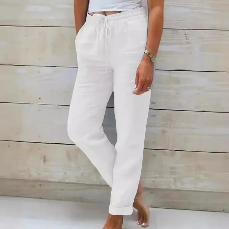 Cotton Linen Pants For Women Fashion Streetwear Elegant Summer Casual Solid Color Trousers High Waist Elastic Straight Pants