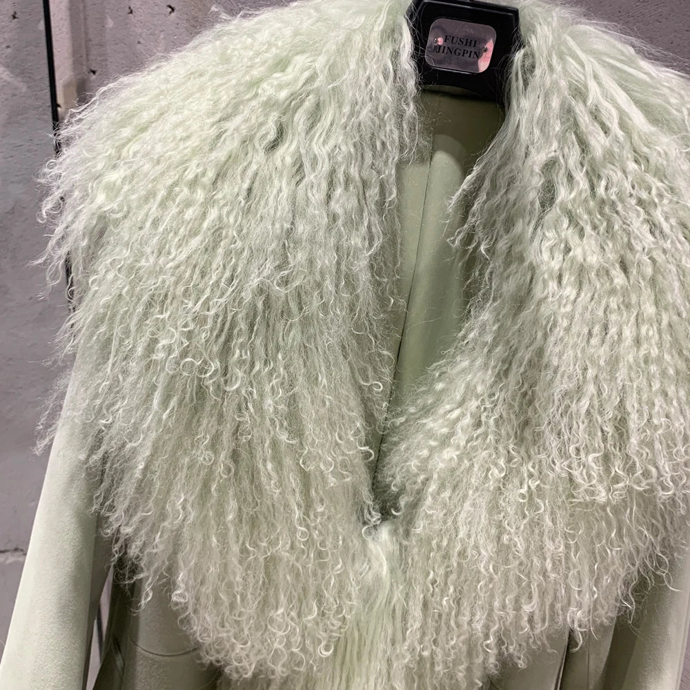 Suede Coat Fur Collar Women Autumn Genuine Sheepskin Coat Long with Mongfolian Fur Trim