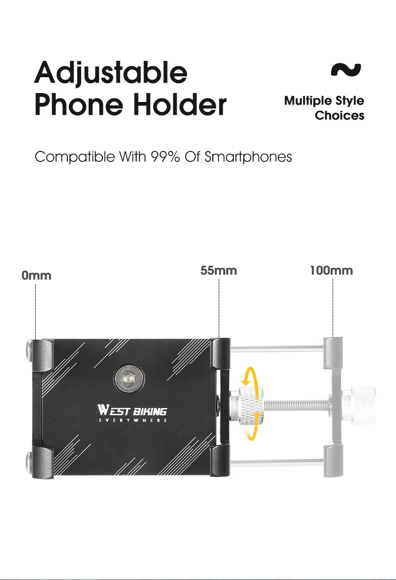 WEST BIKING Cycling Phone Holder Lightweight Aluminum Alloy Bike Handlebar Phone Bracket Phone Mount MTB Road Bike Accessories