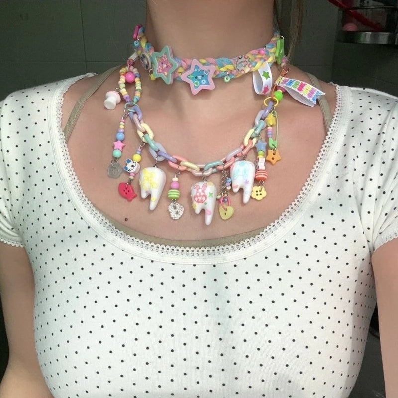 Teeth Necklace Beaded Pin Cute Children's Fun Design Necklace Creative Versatile Button Accessories for Women