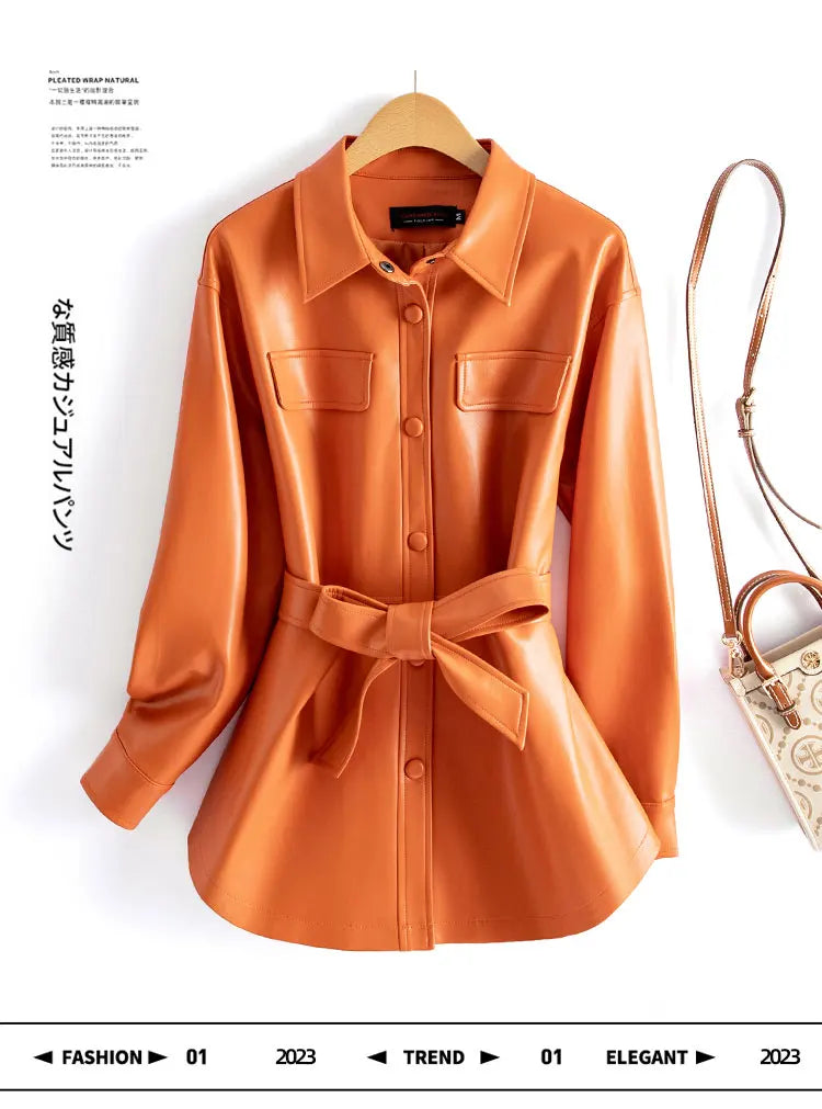 Sheepskin Leather Jacket Women Fashion Irregular Turn-down Collar Lace-up Belt Chic Office Ladies Real Split Leather Jacket Coat