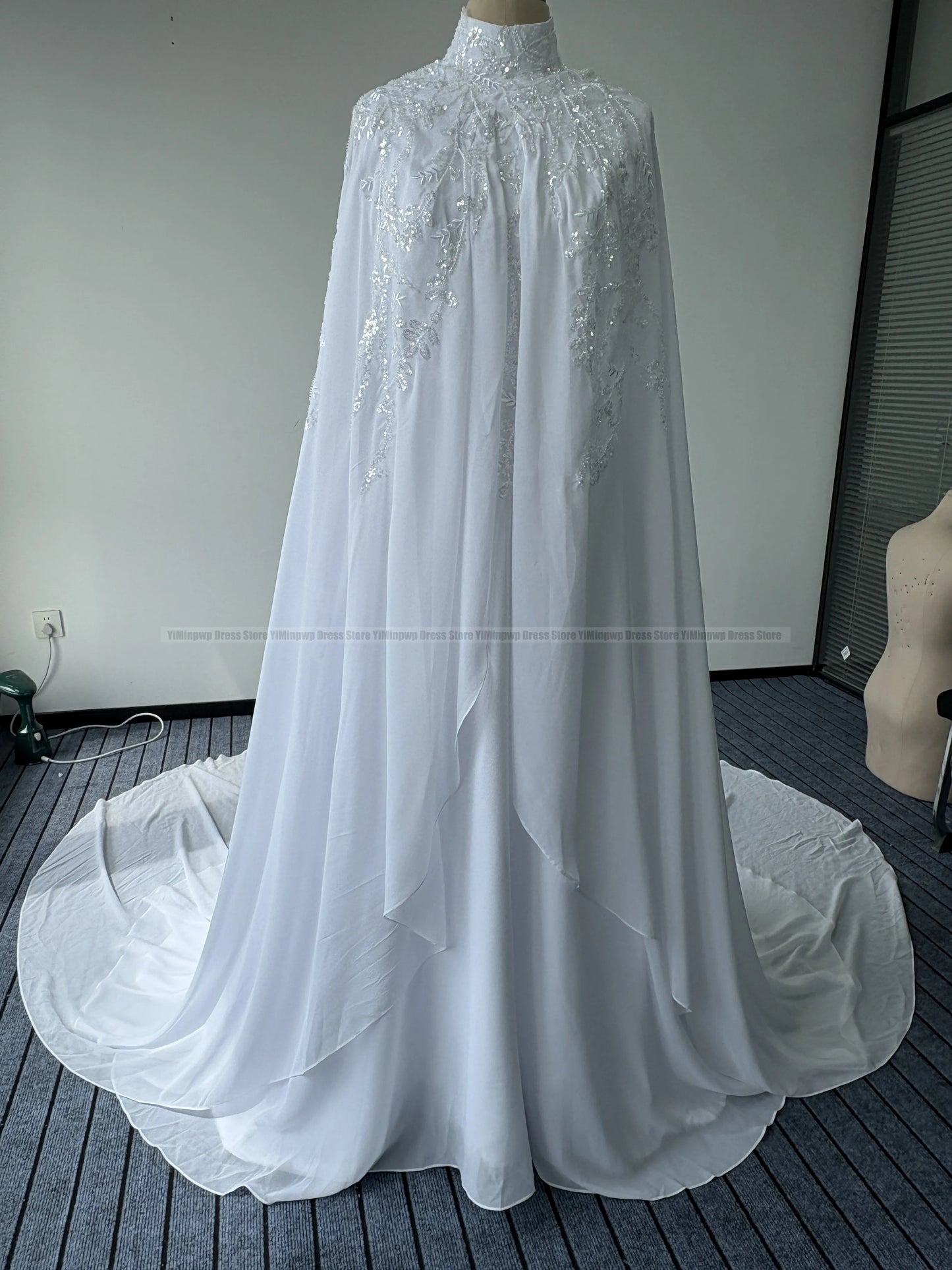 Muslim Wedding Dresses Hijab High Neck Long Sleeve A Line Bride Dress Chiffon Pearls Bridal Gown vestidos de novia Customized
