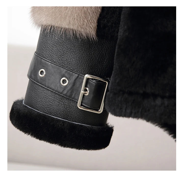 Sheepskin Coat For Women Winter Merino Fur Real Sheep Fur Jacket With Real Mink Fur Sleeve Motorcyle Female Winter Clothings