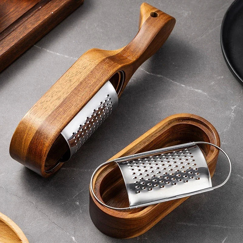 Handheld Stainless Steel Cheese Grater with Wood Handle Sharp Blades for Chocolate Fruits - Cheese Grating Tool with Storage Box