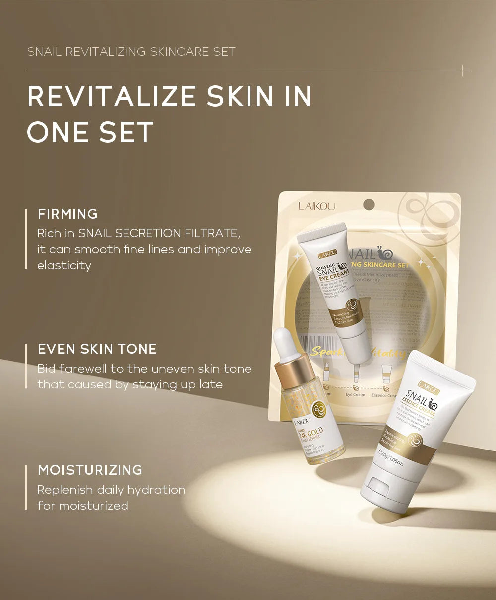3pcs/set LAIKOU Skin Care Set Vitamin C Sakura Snail Essence Serum & Eye Cream & Face Cream Moisturizer Travel Size Skincare Set