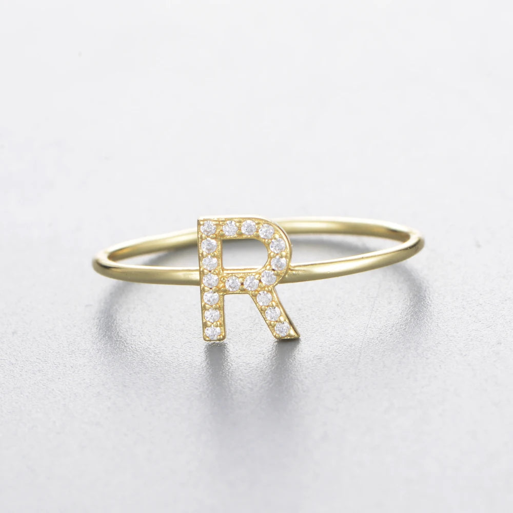 925 Sterling Jewelry A-Z 26 Letters Name Initial Rings Gold Plated Silver Fashion Simple S925 Ring Zircon Round Brilliant Cut