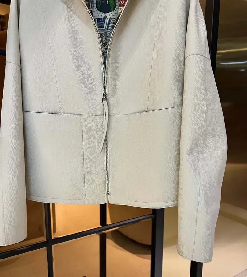 New fashion 2025 women coat sspring orange import real sheepskin jacket floral pattern lining short length big pockets