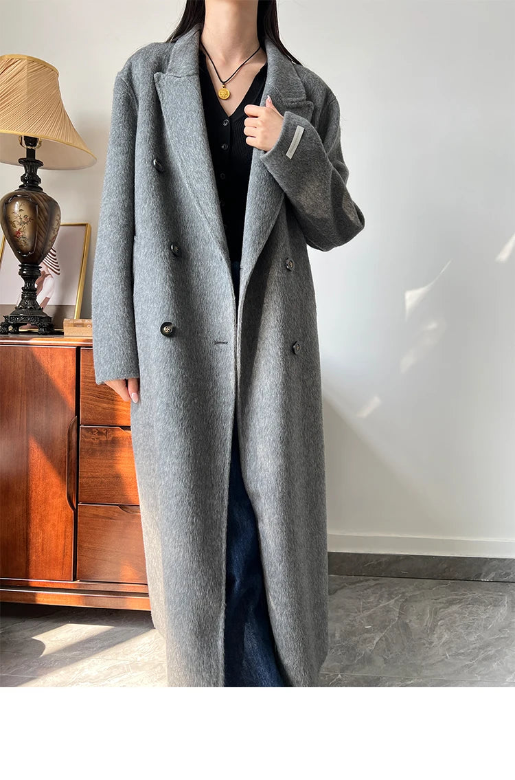 Office Lady Woolen Jackets 2024 Autumn And Winter Suit Collar Double Breasted Warmer Yak Hair Loose Long Women's Wool Coats