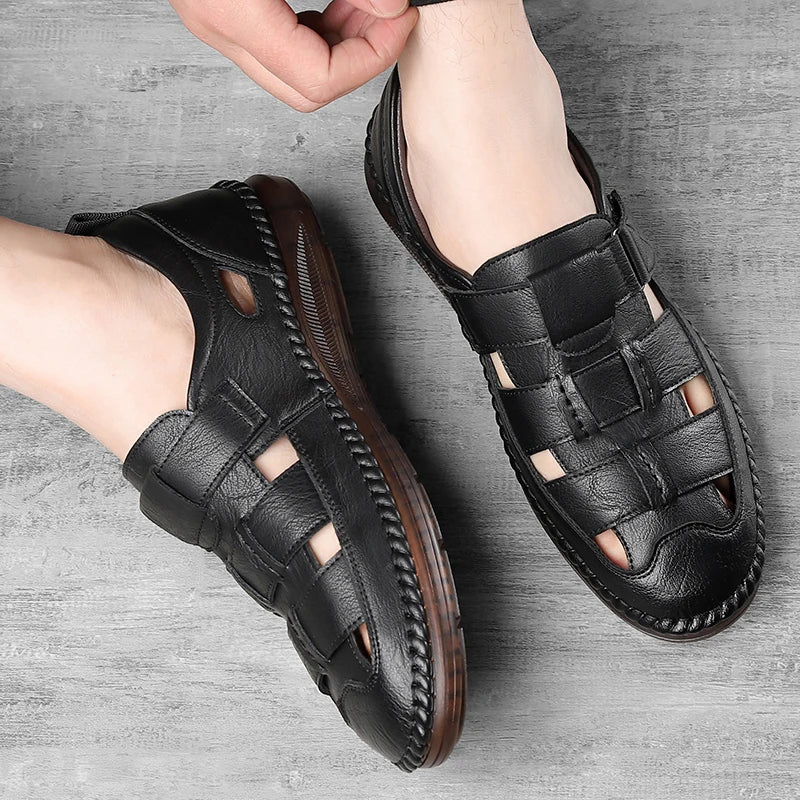 Genuine Leather 2024 Summer Special Offer Men's Business Casual Hollow Work with Holes Leather Sandals Men's Work Hole Sandals