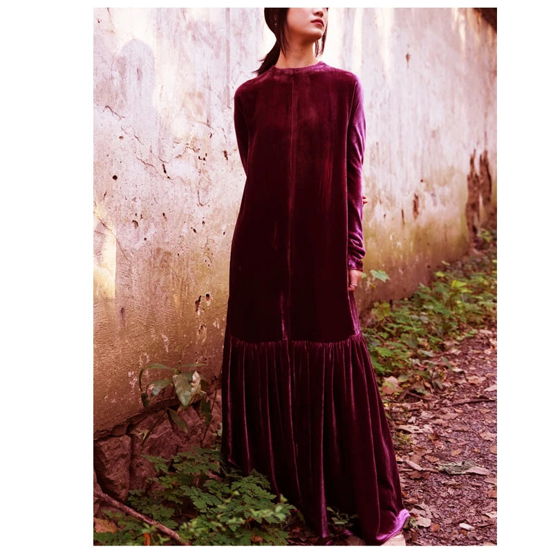 Light Luxury Natural Silk Velvet Women's Dress  Long Sleeve Long Floor-length Dress Temperament Elegant Casual Spring Autumn