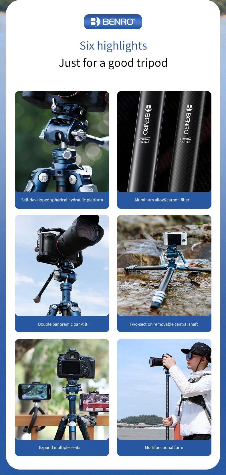 Benro CyanBird Blue bird Carbon Fiber Tripod CB259AFK/CFK/258 Camera SLR Stand Aluminum head Micro Single Handle hold W/FS20PRO