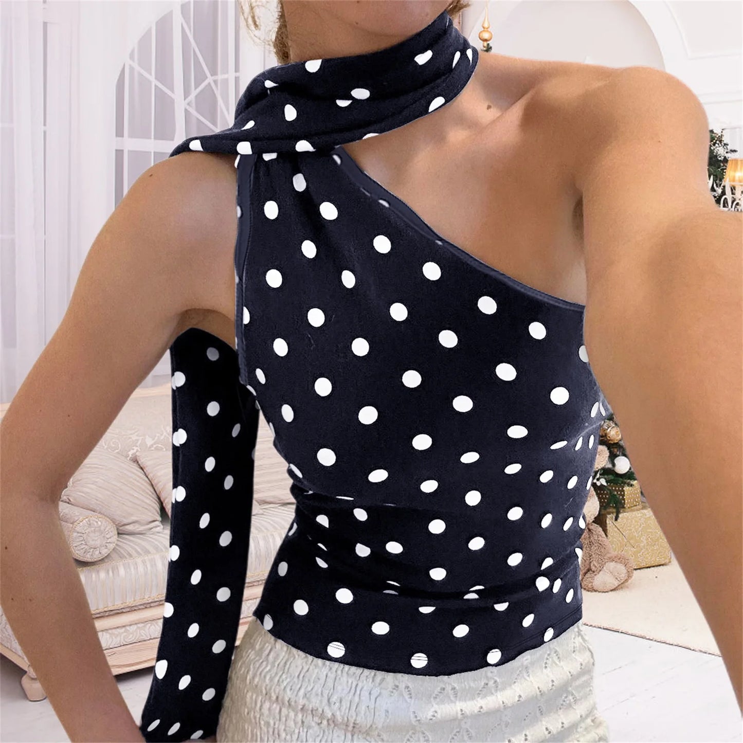 Women s Summer One Shoulder Tank Tops Sleeveless Open Back Halter Neck Dot Print Vest
