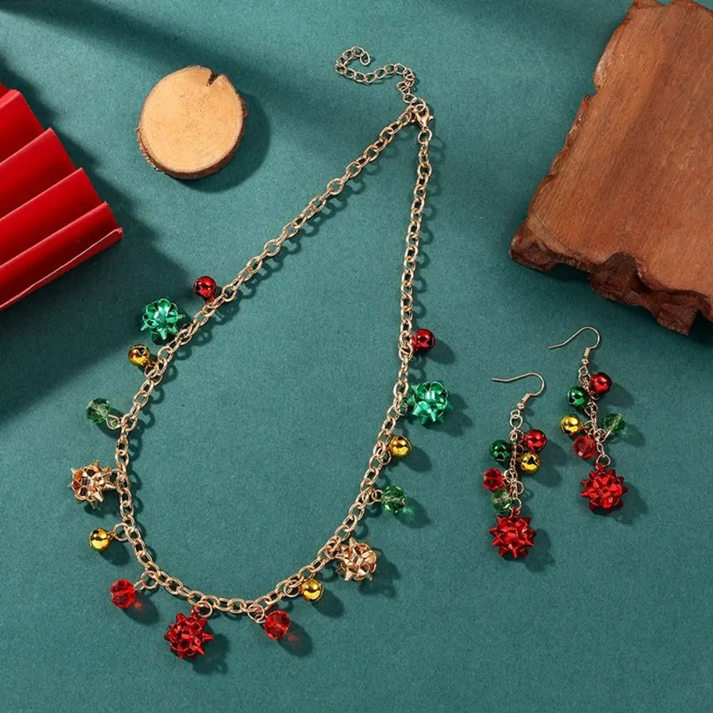 Sweet Necklace Christmas Bell Jewelry Set Bracelet Colorful Bell Xmas Clavicle Chain Earrings Jewelry Accessories Women