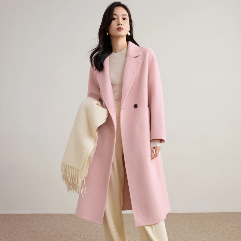 SENTUBILA Women's 100% Wool Double-Faced Coat Winter 2025 Suit Lapel Collar Classic Commuter Style Long Overcoat W54OA8779