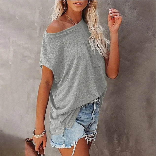 Summer Tops Fashion Clothes Women Casual Short Sleeve Pure Color Loose T-shirts Ladies Blouses Off Shoulder Round Neck Cotton