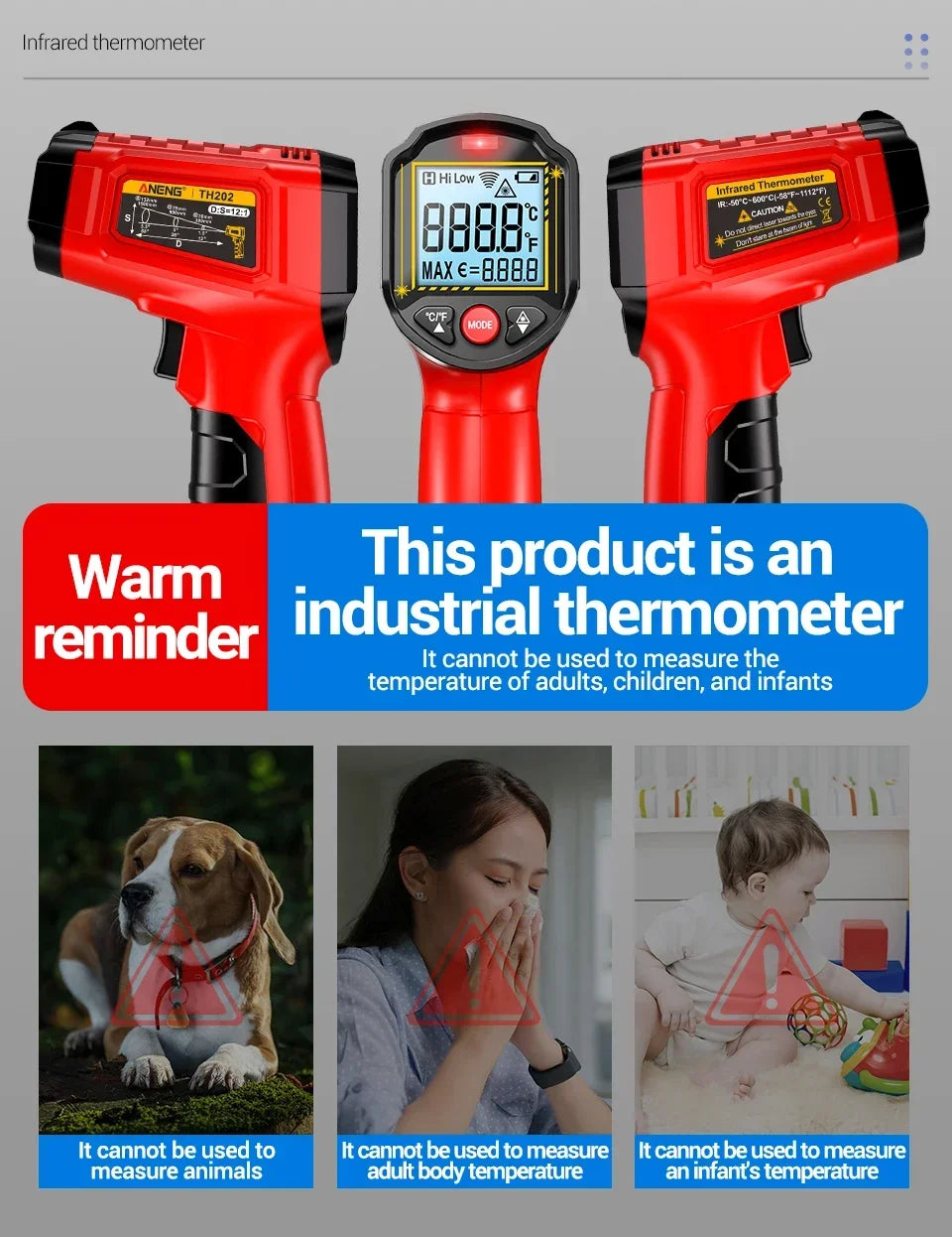 Infrared Thermometer ANENG Non-contact -50~600℃ Digital Laser Temperature Meter TH202 LCD display Pyrometer Point Gun Tester