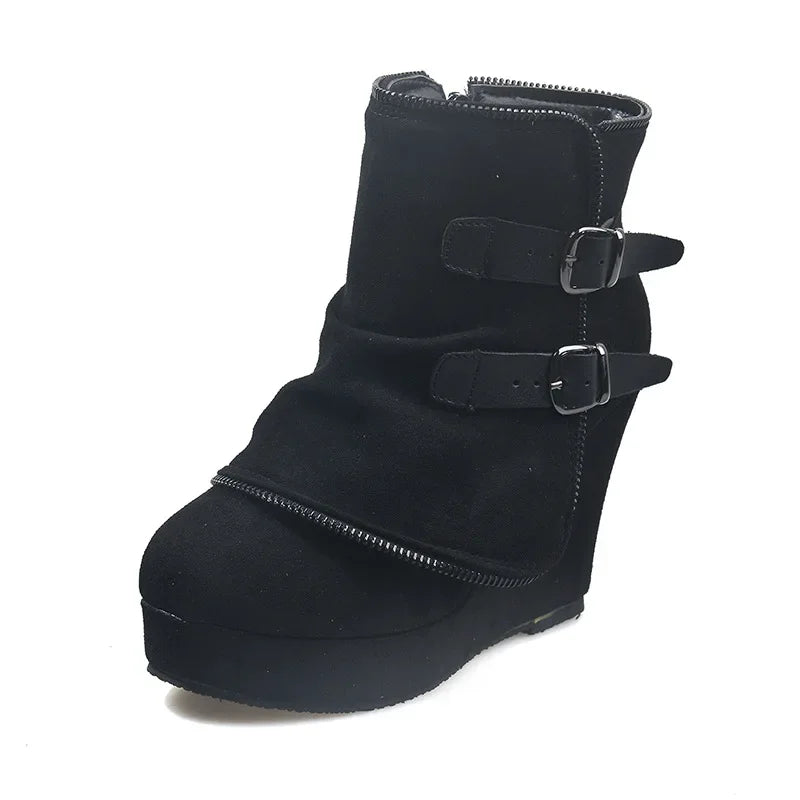 2025 Modern High-heel Boots for Women Ankle Wedges Suede Ladies Shoes Splicing Fake Zip Belt Buckle Height Increasing Daily Wear
