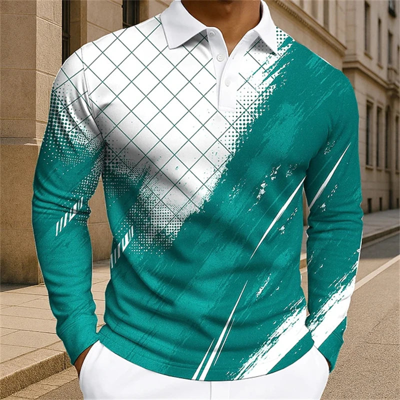 Men's Plaid Coloful Polo Shirts Golf Shirt Long Sleeved Polo Shirt New Casual Fashion Classic Lapel Neck Shirt Trendy Men Polo