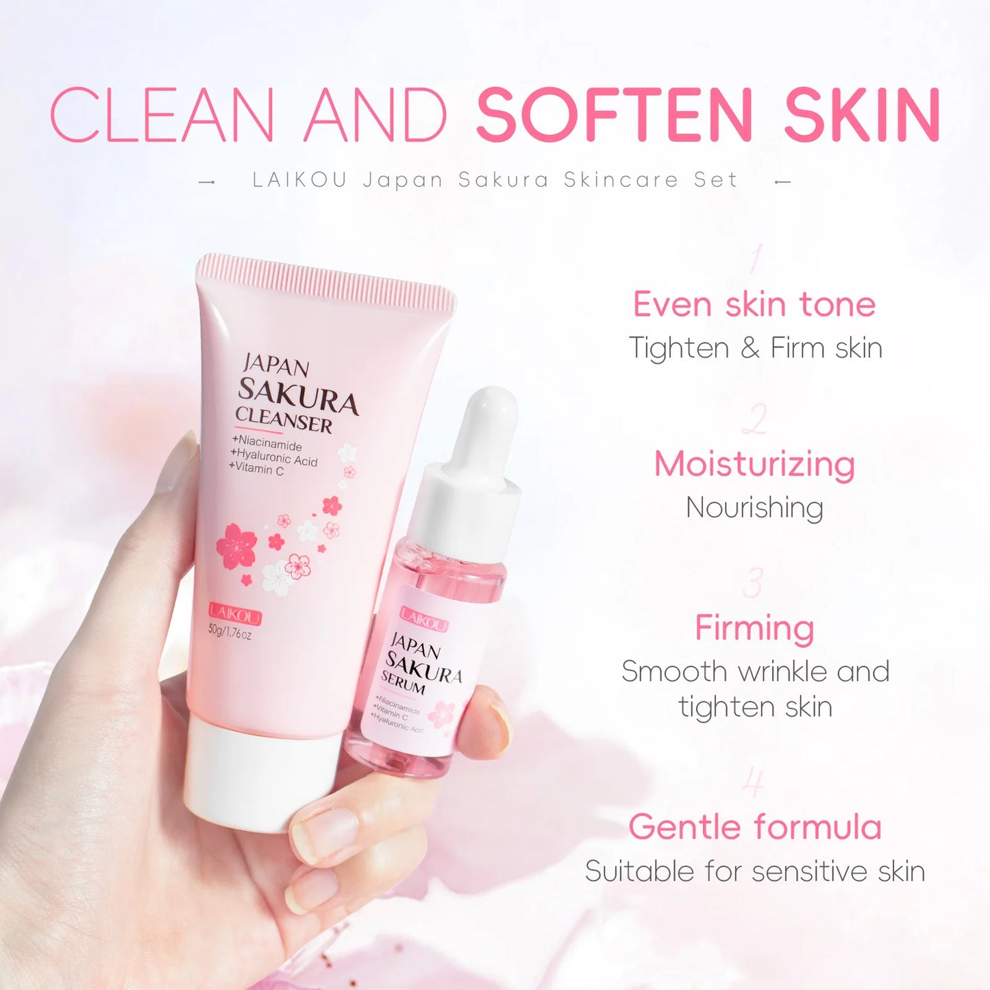 Japan Sakura Skincare Set 4pcs Hydrating Tightening Cleanser Serum Essence Cream Eye Treatment Soften Clean Skin Beauty