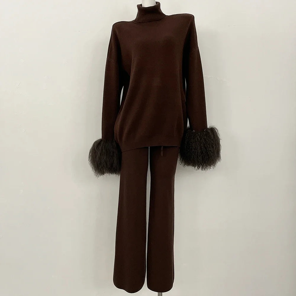 Knitwear Woman Wool & Blend Knitted Pullover and Pants Real Mongolian Sheep Fur Cuffs Sweater Set Real Fur Knitted Suit 2026 New