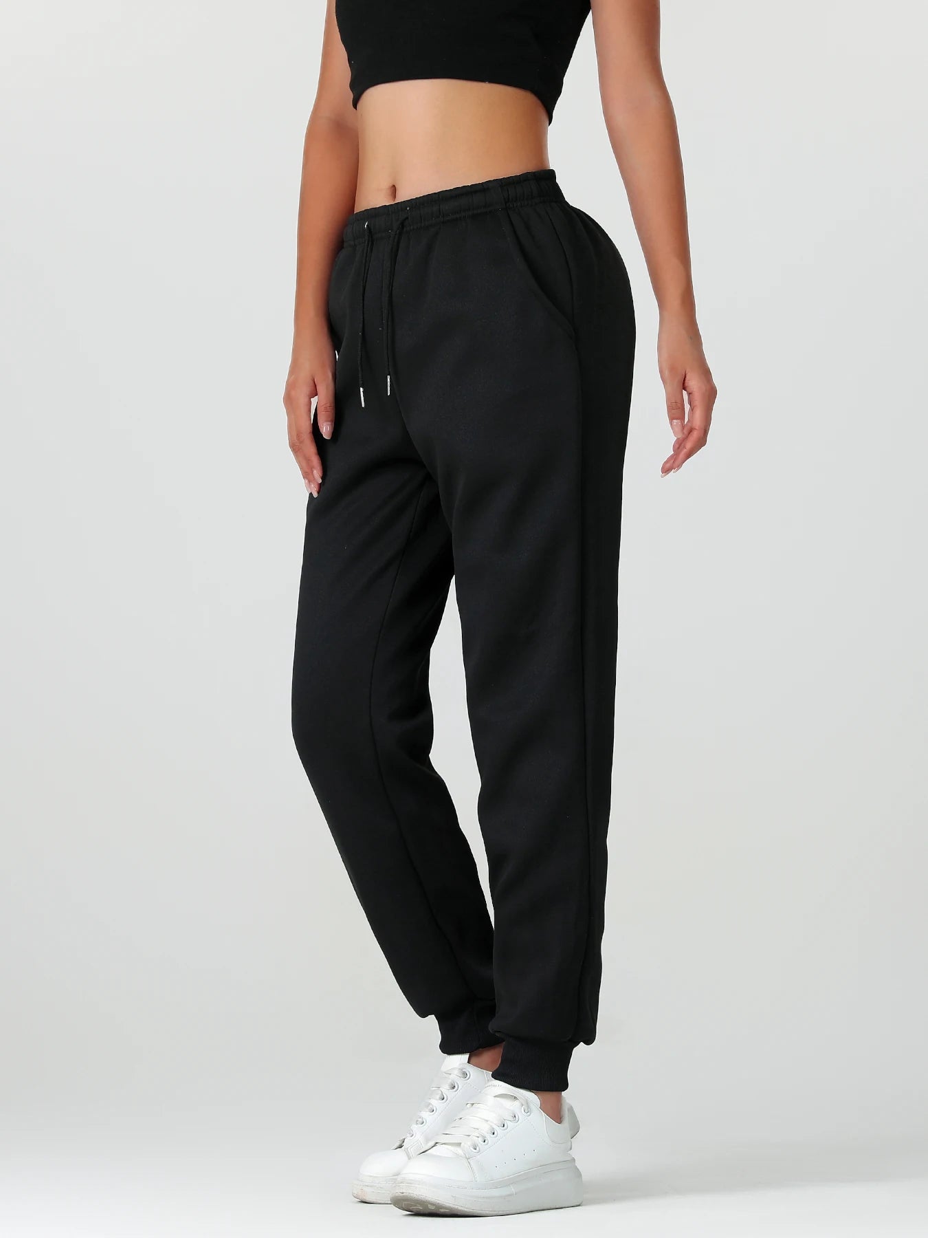 One pair of women's long pants for autumn and winter, thickened with fleece, warm solid color casual sportswear, with pockets