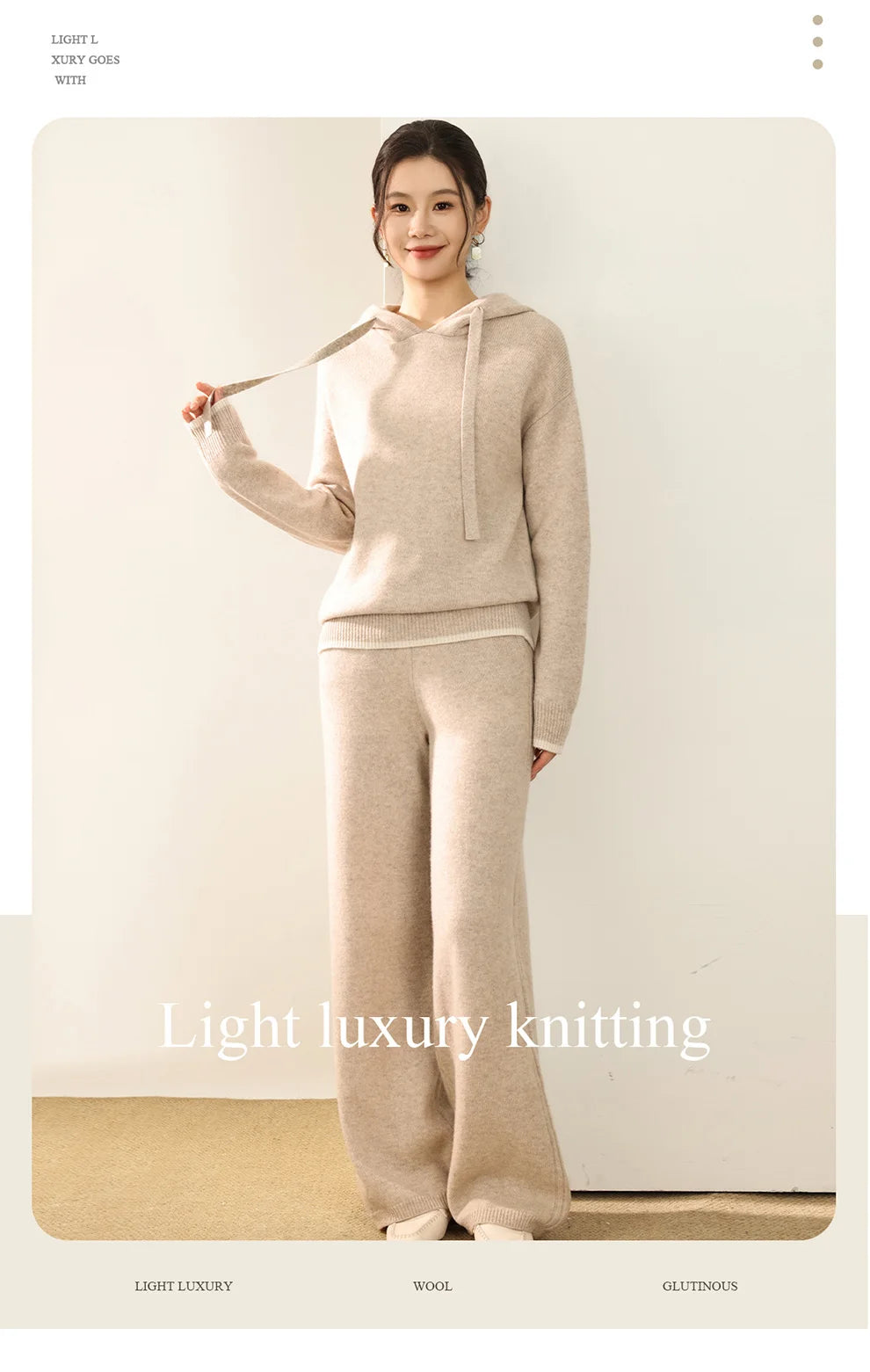Autumn And Winter New 100 Pure Wool Suit Women Hooded Sweater Wide-Leg Pants Casual Knitting Two-Piece Suit