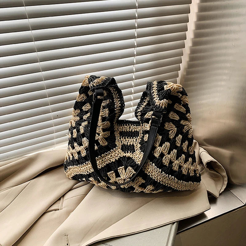 Women Weaving Clutches Top-handle Bag Large  Portable Shoulder Bag Summer Beach Purses Shopper Satchel Female Tote Bags