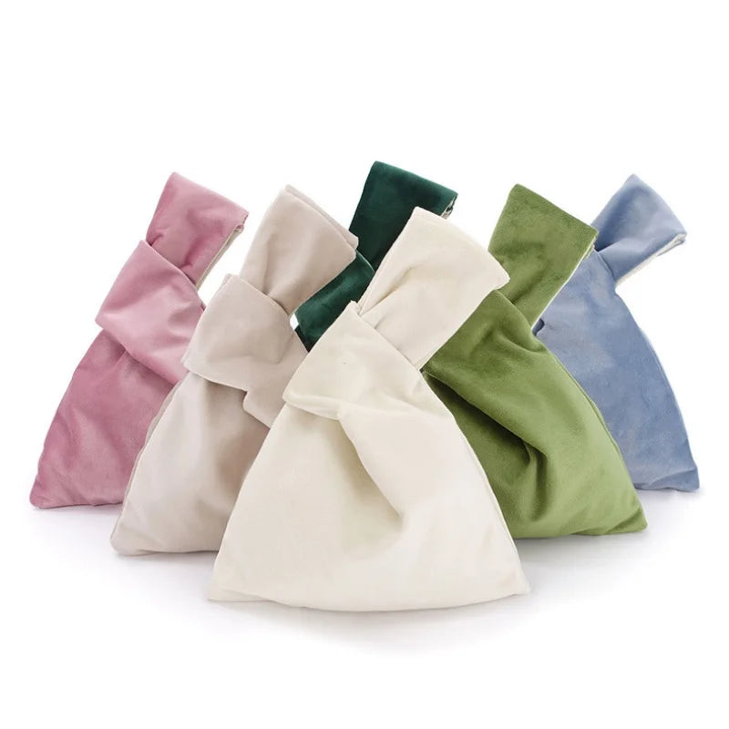 Women  Knot Wrist Bag Handmade Casual Knit Handbag Soft Velvet Tote Bag Student Reusable Shopping Bags Woman Cosmetics Bag