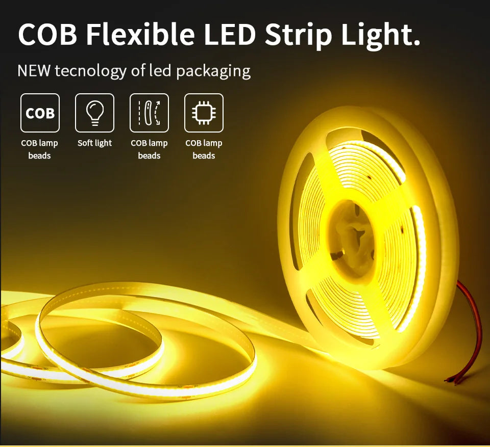 COB LED Strip Lights 12V 24V 10M 5M 3M 2M 1M 320LEDs/M High Density Flexible LED Tape 2700K 4500K 6000K Kitchen Room Decor 8mm