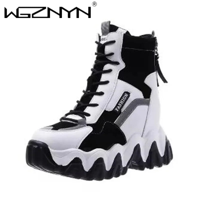 2024 Women Thick Sole Ankle Boots Autumn Luxury Platform Casual Boots Women's 8cm High Heels Wedge Boots Shoes Woman Sneakers